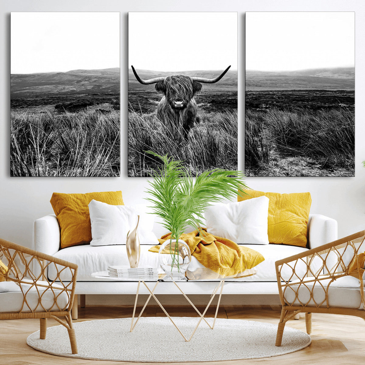 Black and White Highland Cow Canvas Wall Art, Longhorn