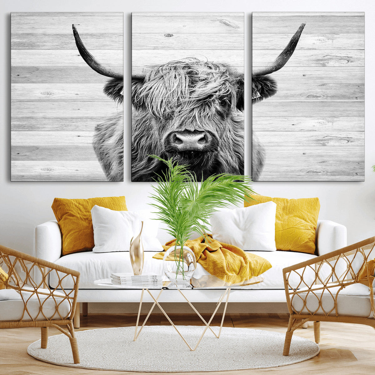 Scottish Highland Cow Cattle Art Print on Wood Background