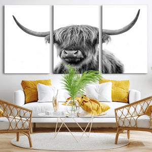 Grayscale Scottish Highland Cow Cattle Art Print Farmhouse