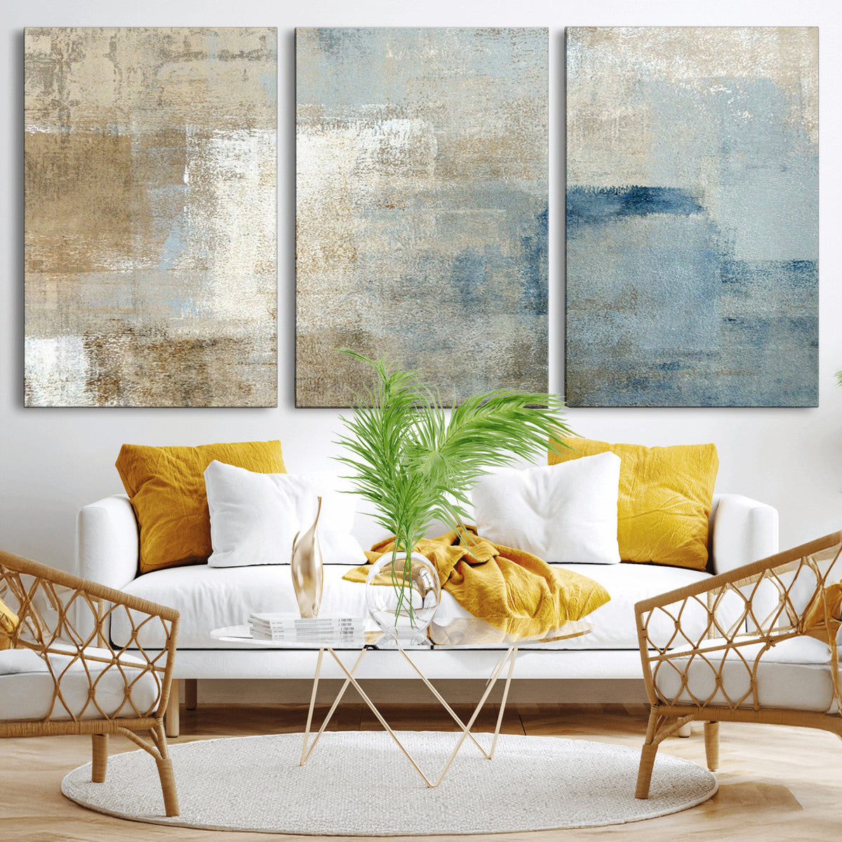 Abstract Blue and Beige Wall Art, Modern Minimalist Canvas