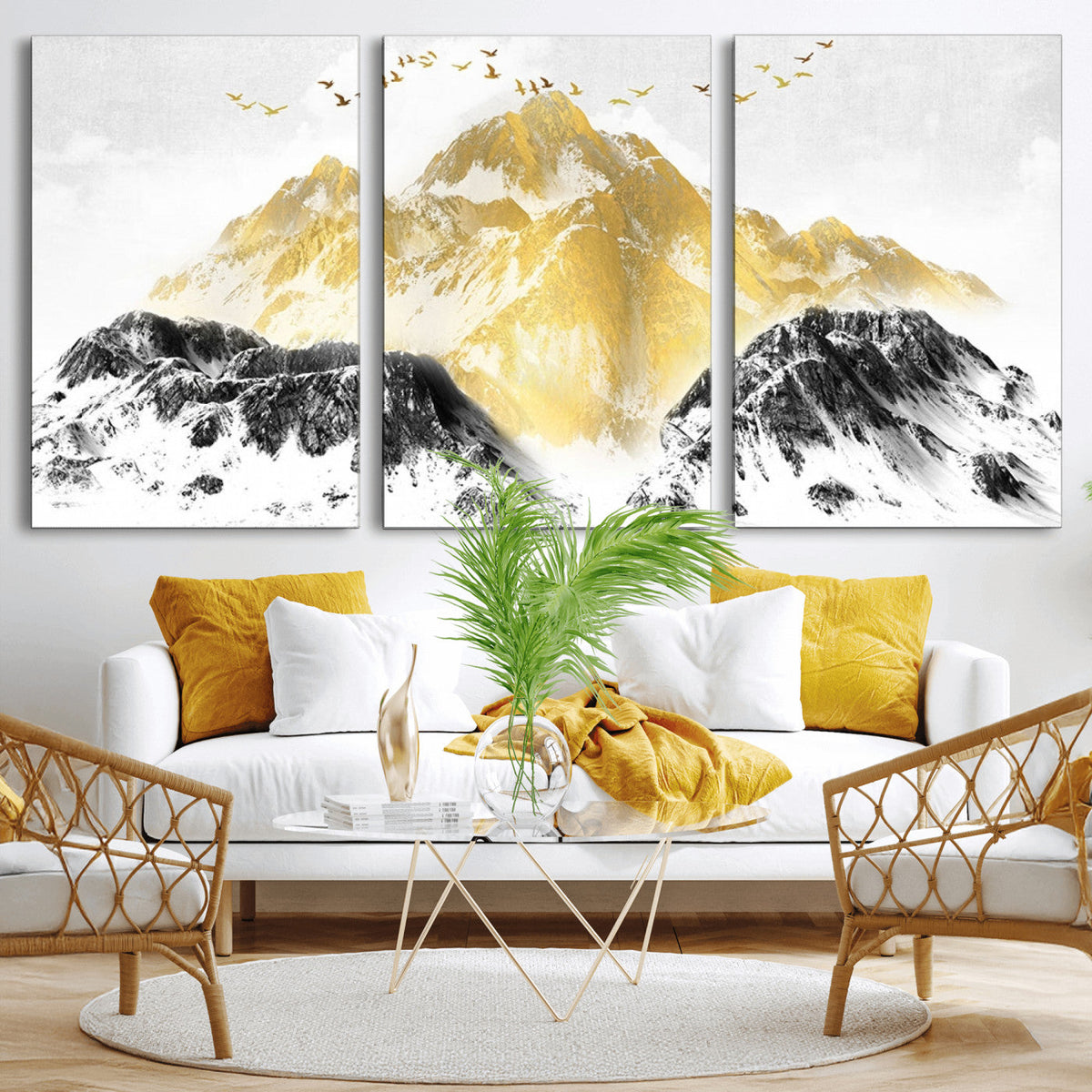 Golden Mountain Triptych Wall Art Canvas Print, Modern