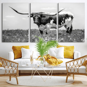 Texas Black White Highland Longhorn Cow Wall Art Canvas