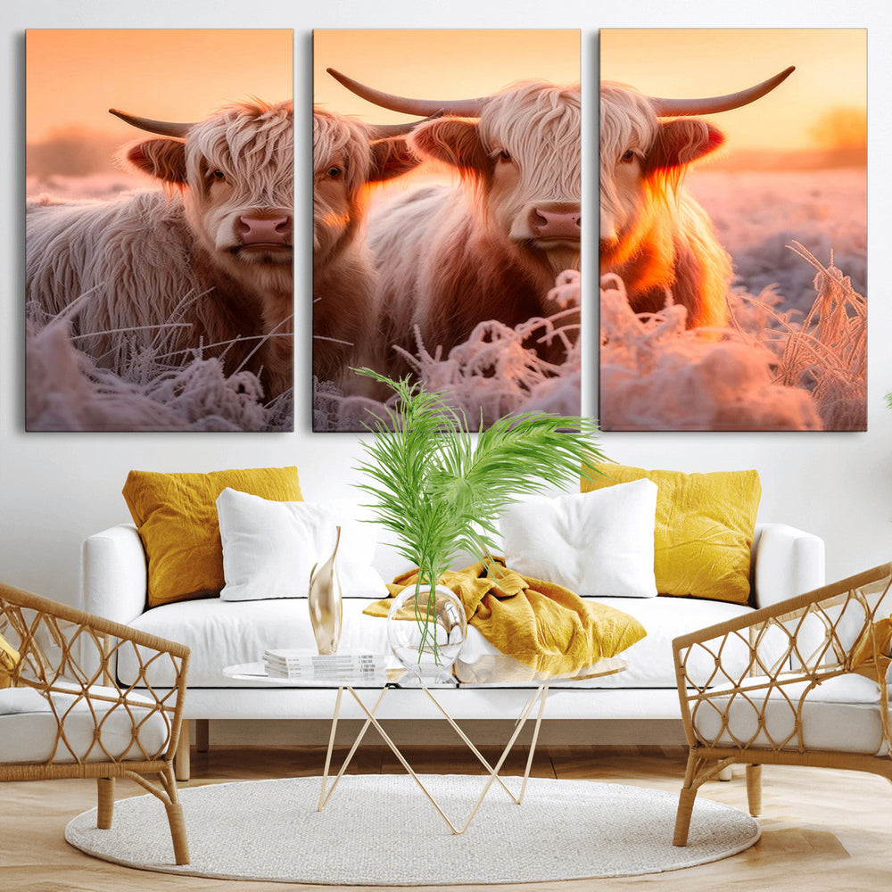 Highland Cows at Sunrise Wall Art Canvas Set – Serene and