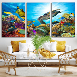 Colorful Coral Reef and Sea Life Turtle Canvas Print,