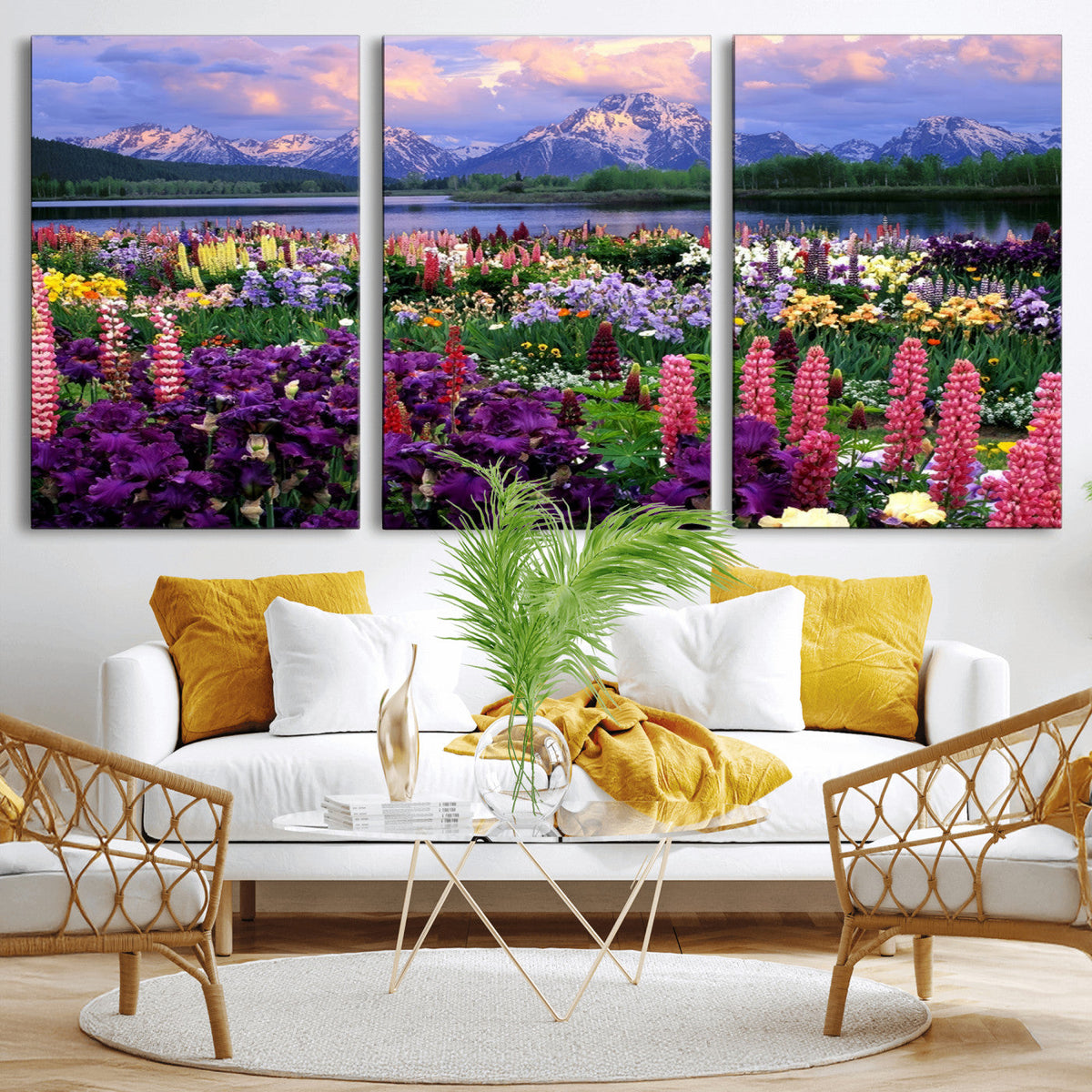 Vibrant Wildflower Garden and Mountain View Giclee Canvas
