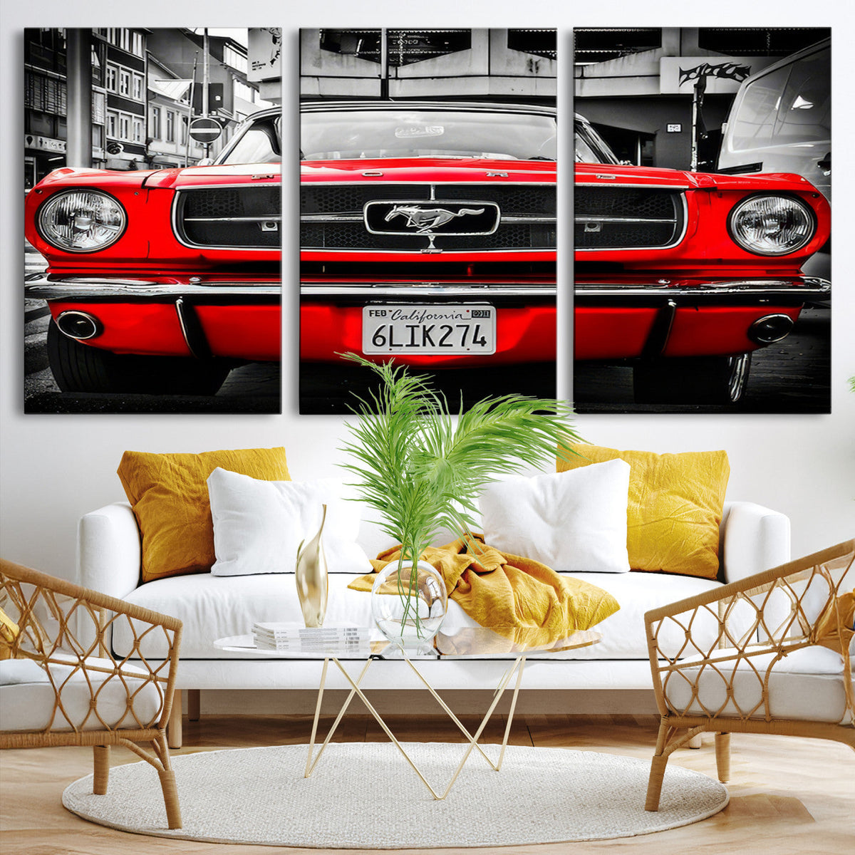 Red Mustang Car Wall Art – Framed Classic Vehicle Canvas