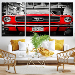 Red Mustang Car Wall Art – Framed Classic Vehicle Canvas