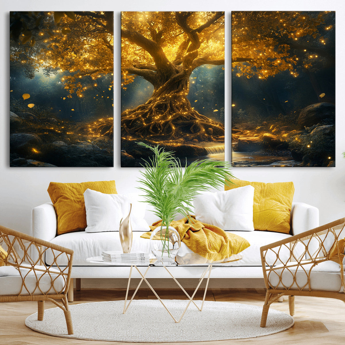 Golden Tree of Life Canvas Wall Art Print - Majestic Glowing