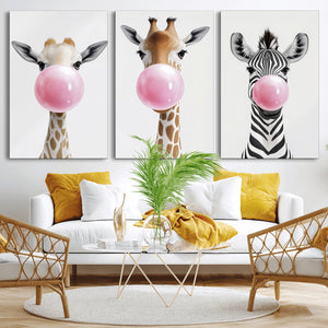 Bubblegum Animals Canvas Wall Art - Playful Giraffe and