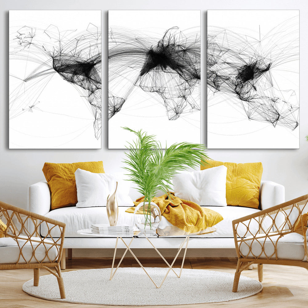 Abstract World Map Wall Art – Framed Geometric Line Canvas