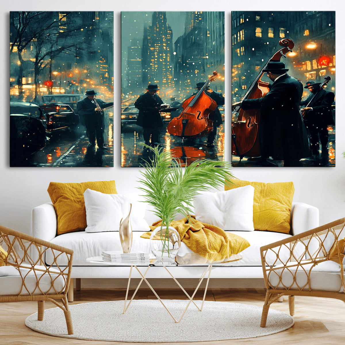 Urban Night Jazz Wall Art Canvas Print – Moody Rain-Soaked
