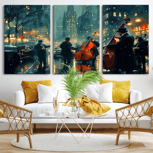 Urban Night Jazz Wall Art Canvas Print – Moody Rain-Soaked