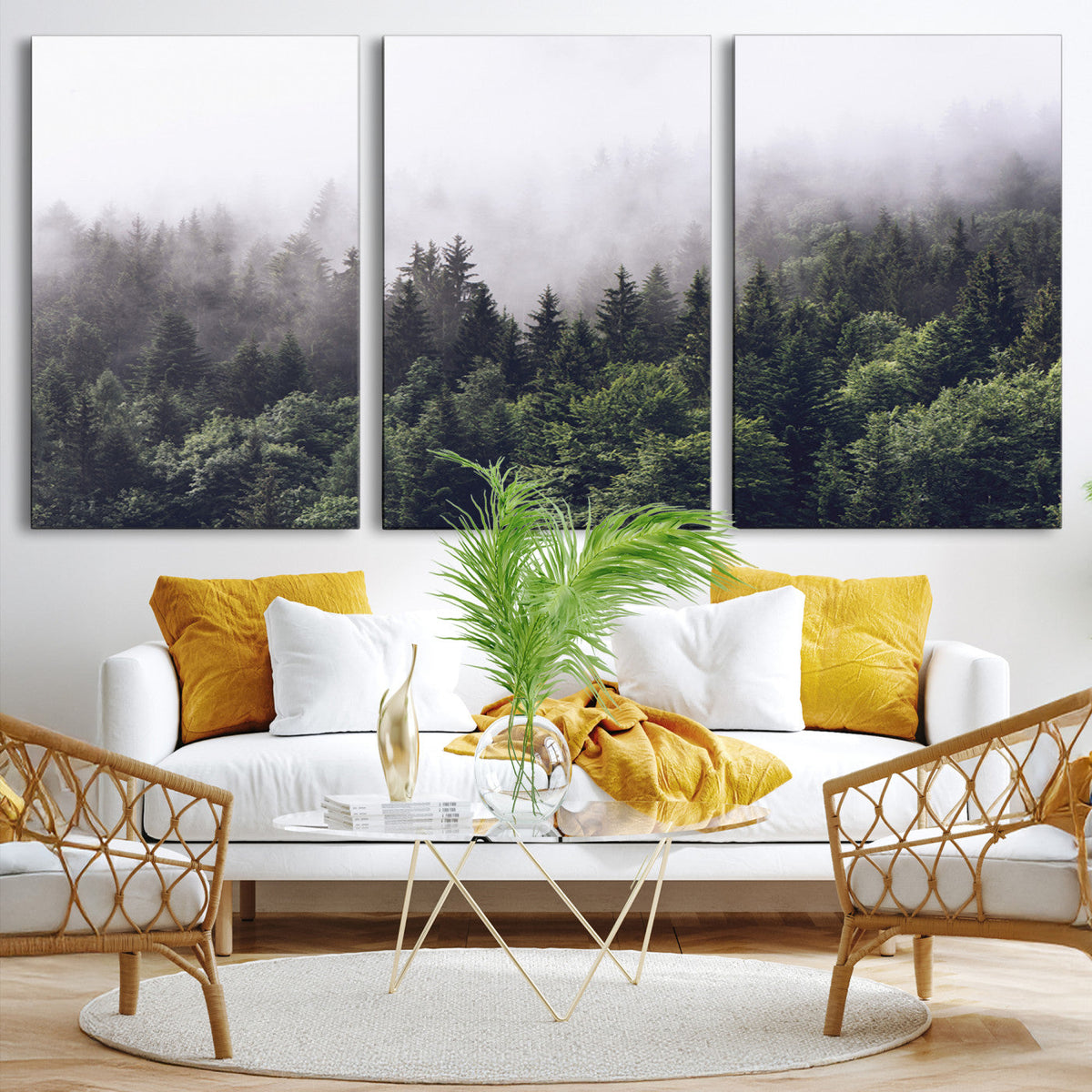 Misty Forest Wall Art Canvas Print, Serene Foggy Pines and