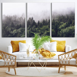 Misty Forest Wall Art Canvas Print, Serene Foggy Pines and
