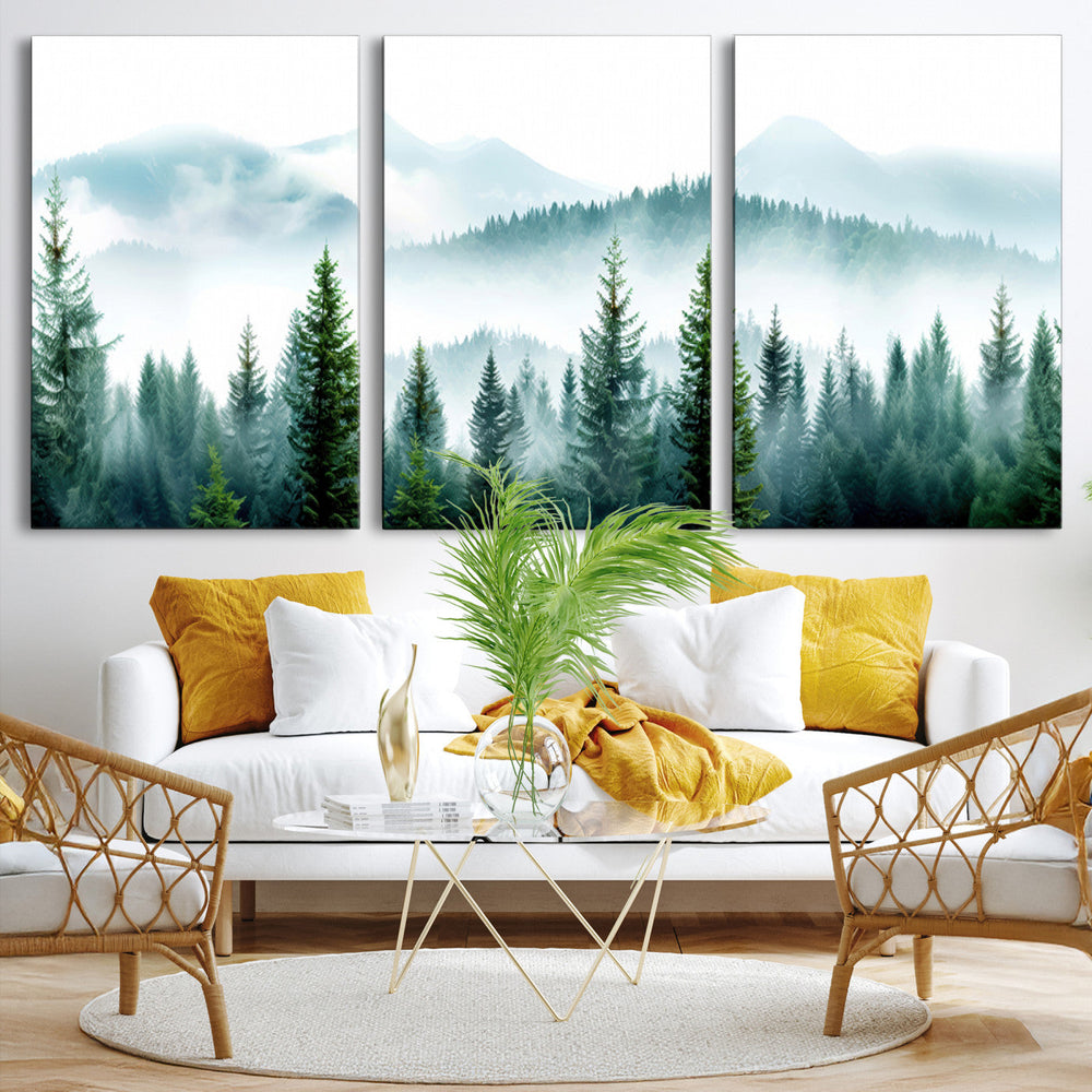 Pine Forest Wall Art Canvas Print – Misty Mountains Foggy