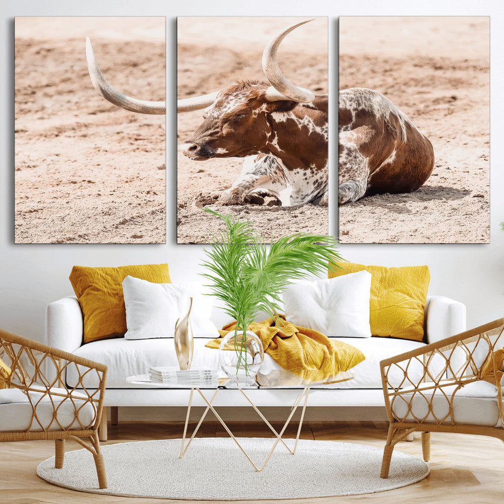 Texas Longhorn Wall Art – Framed Resting Bull Canvas