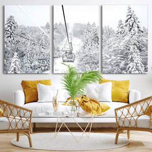 Snowy Ski Lift Wall Art – Framed Winter Mountain Canvas