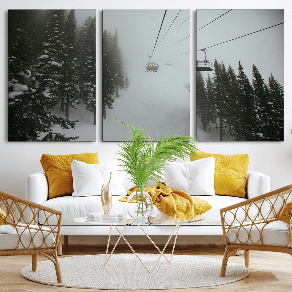 Ski Lift Wall Art Canvas Print – Snowy Pines Misty Landscape