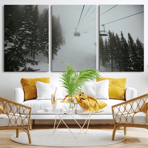 Ski Lift Wall Art Canvas Print – Snowy Pines Misty Landscape