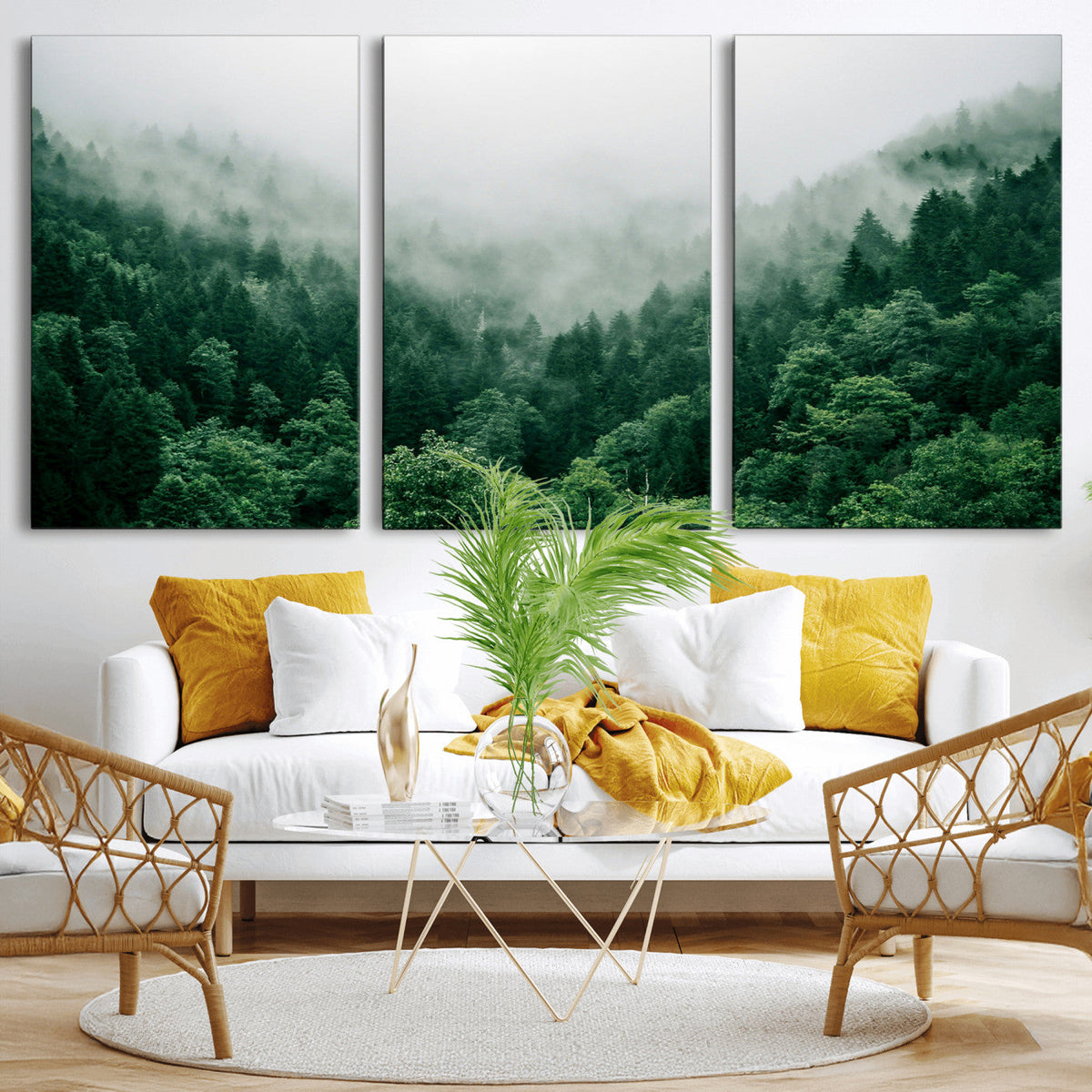 Misty Green Forest Canvas Print – Framed Serene Foggy Pine