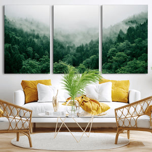Misty Green Forest Canvas Print – Framed Serene Foggy Pine