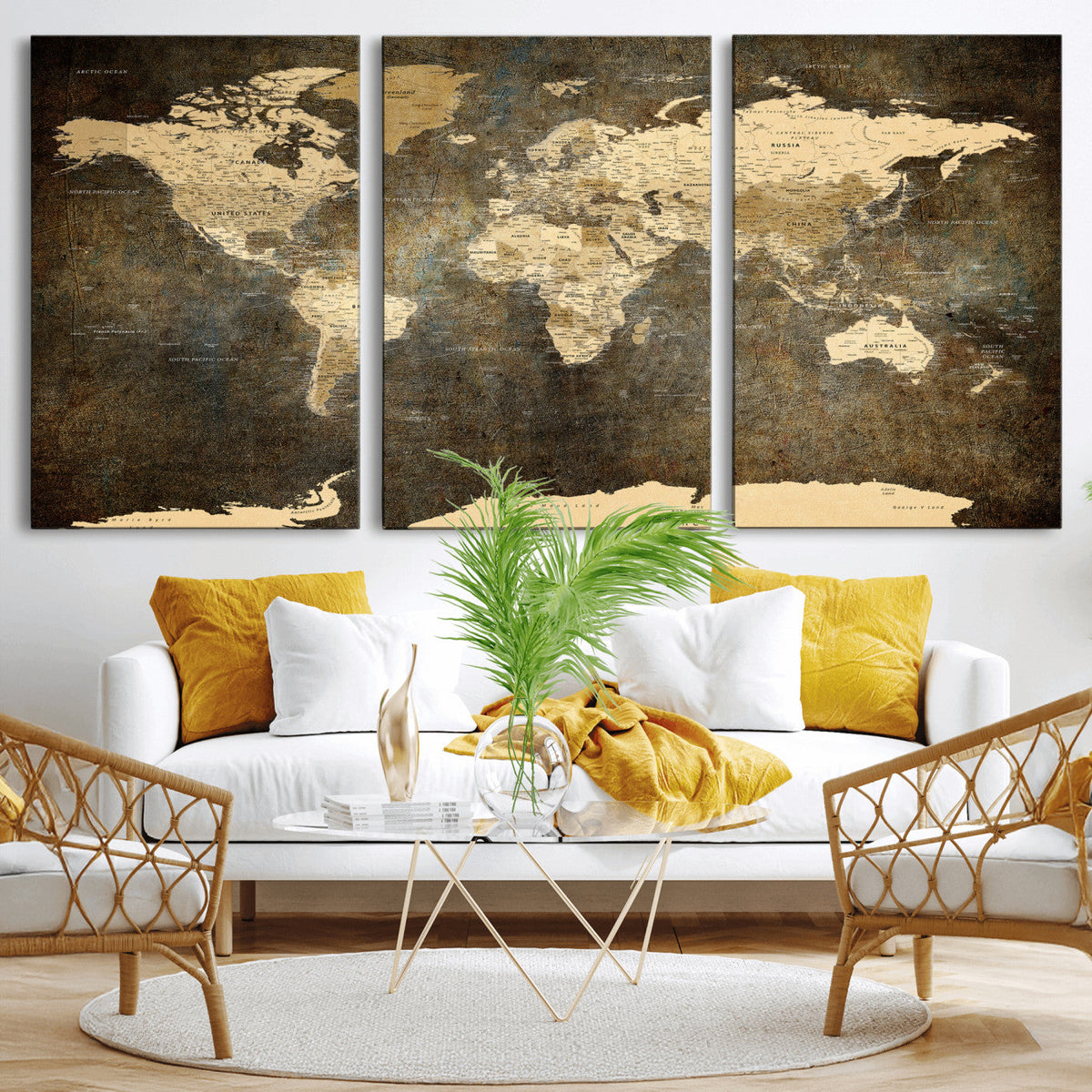 Large Framed Vintage World Map Wall Art Print for Home Wall