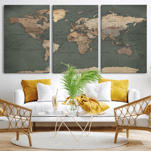 Rustic Black and Wood World Map Canvas Wall Art – Framed