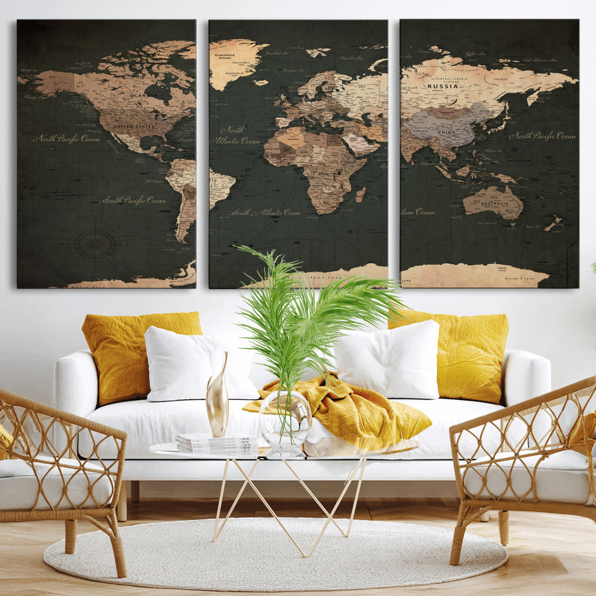 Vintage World Map Canvas Wall Art – Framed Travel Map for