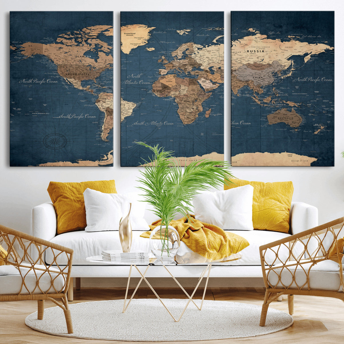 Navy Blue World Map Canvas Print – Framed Travel Map Wall