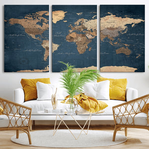 Navy Blue World Map Canvas Print – Framed Travel Map Wall