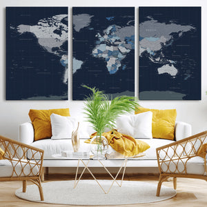 Blue Detailed World Map Wall Art Canvas Print, Modern Framed