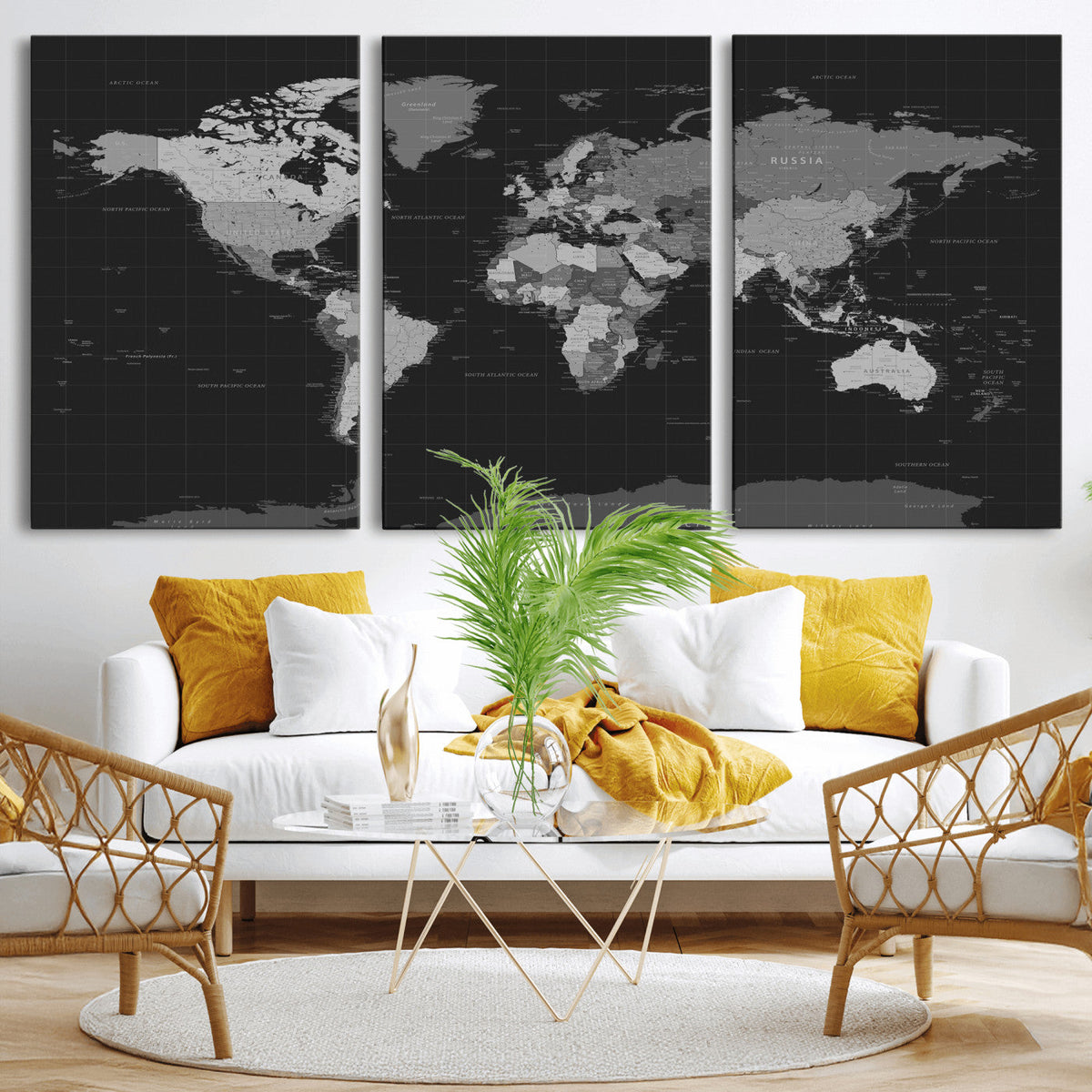 Black World Map Wall Art Canvas Print – Detailed Map of the