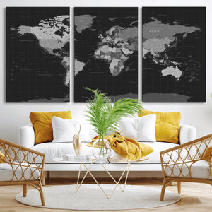 Black World Map Wall Art Canvas Print – Detailed Map of the