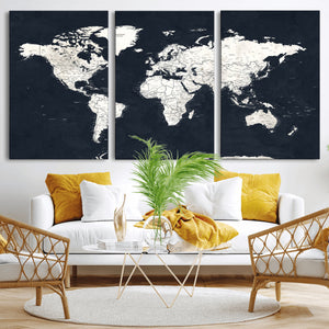 Black World Map Wall Art Canvas Print for Home Office and