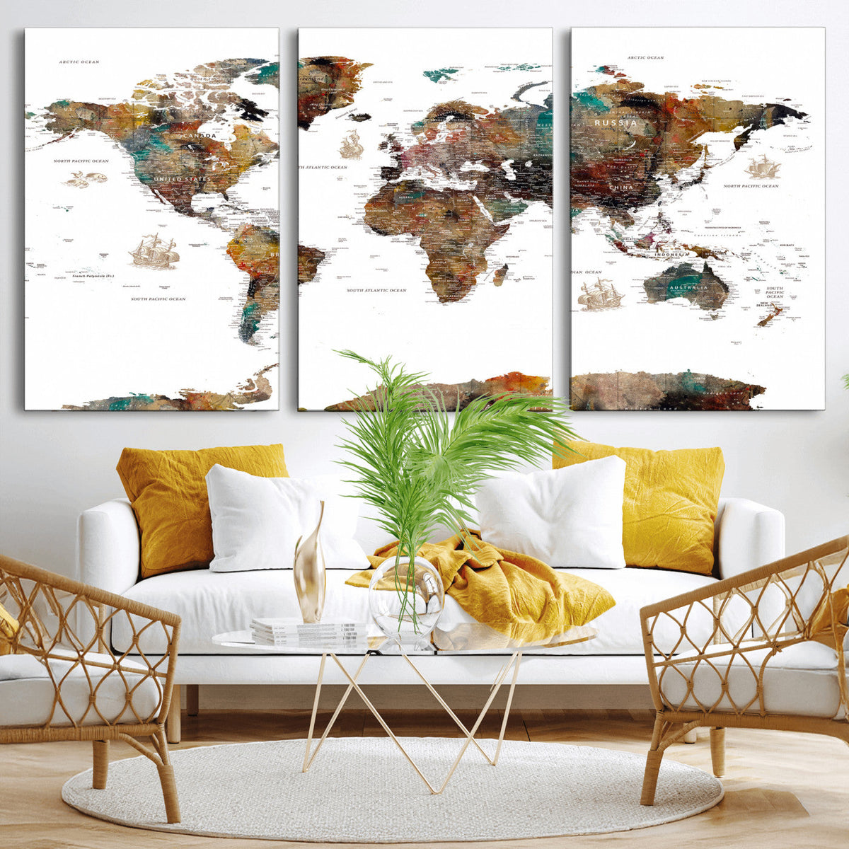 Watercolor World Map Canvas Print – Detailed Map of the