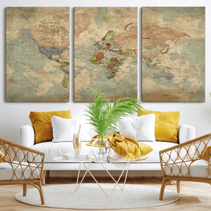 World Map Wall Art Canvas Print, Rustic Map Print, Framed