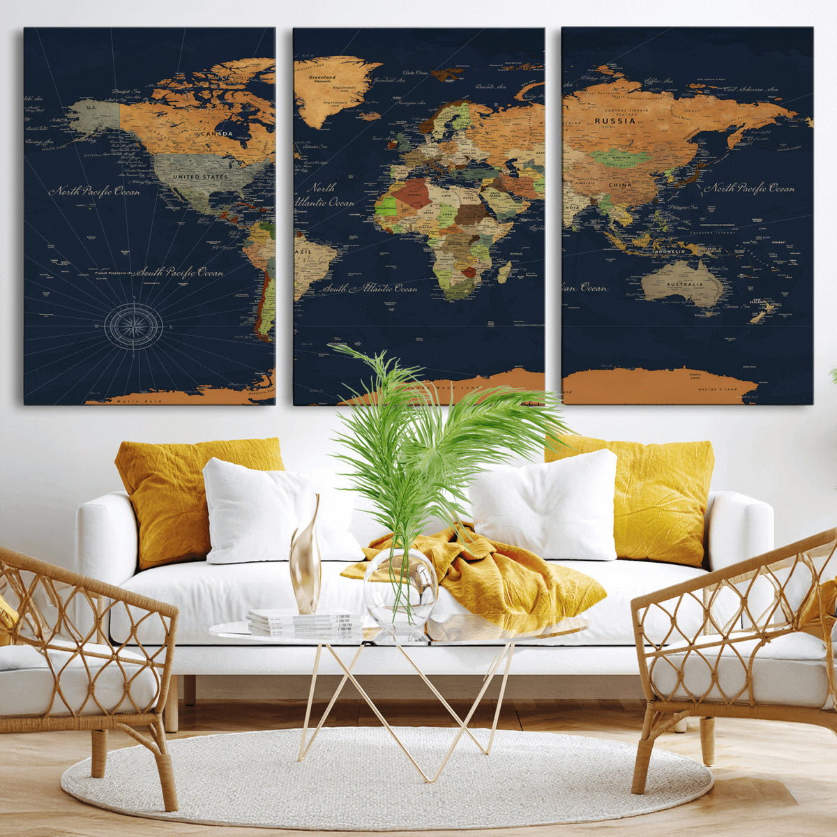 Modern World Map Canvas Print – Framed Detailed Map of the