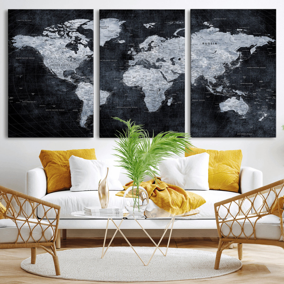 Black World Map Canvas Print – Detailed Map for Couples and