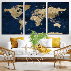 Navy Blue World Map Canvas Print – Detailed Map Minimal Navy