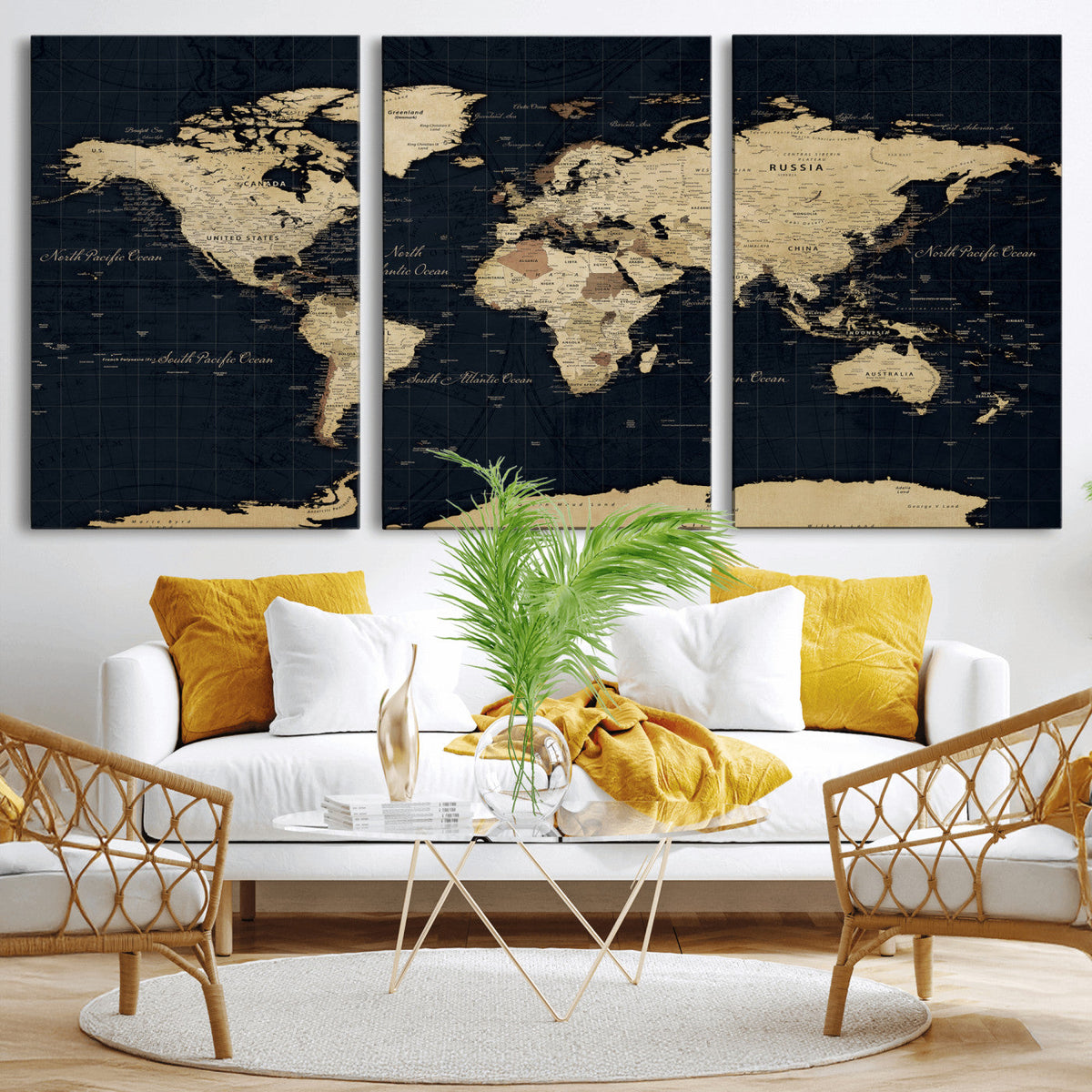Dark World Map Canvas Wall Art Print, Minimal Black and Gold
