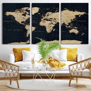 Dark World Map Canvas Wall Art Print, Minimal Black and Gold