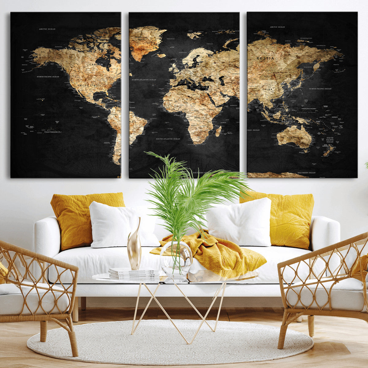 World Map Canvas Wall Art with Famous Landmarks – Framed