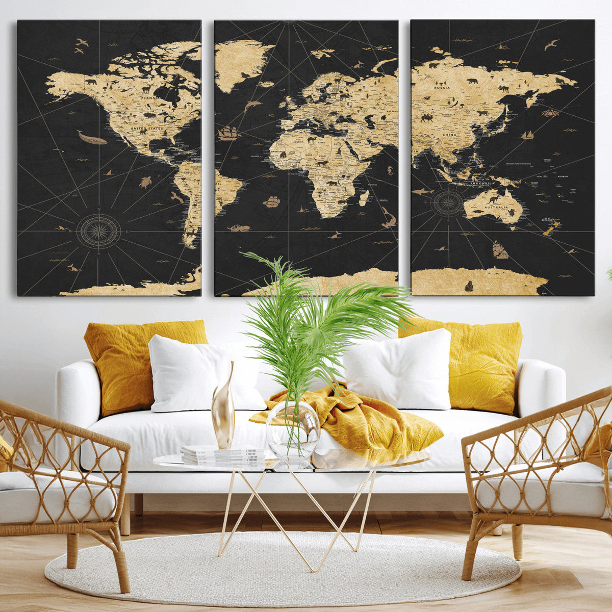 Vintage Blue and Brown World Map Canvas Wall Art – Framed