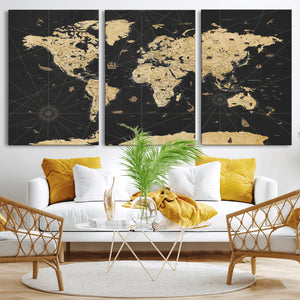 Vintage Blue and Brown World Map Canvas Wall Art – Framed