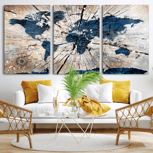 Rustic World Map Canvas Print – Framed Wall Art for Couples,