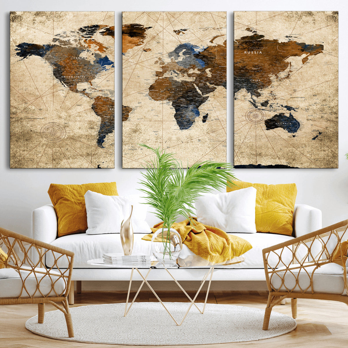 World Map Wall Art – Rustic Earth Tone Canvas Print, Antique