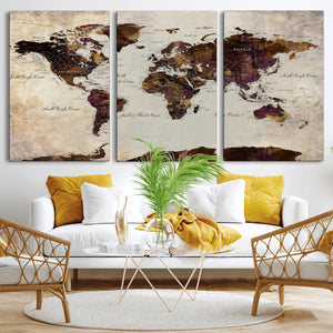 World Map Canvas Triptych – Colorful Global Wall Art for