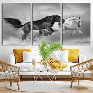 Wild Horses Wall Art Canvas Print – Framed Black and White