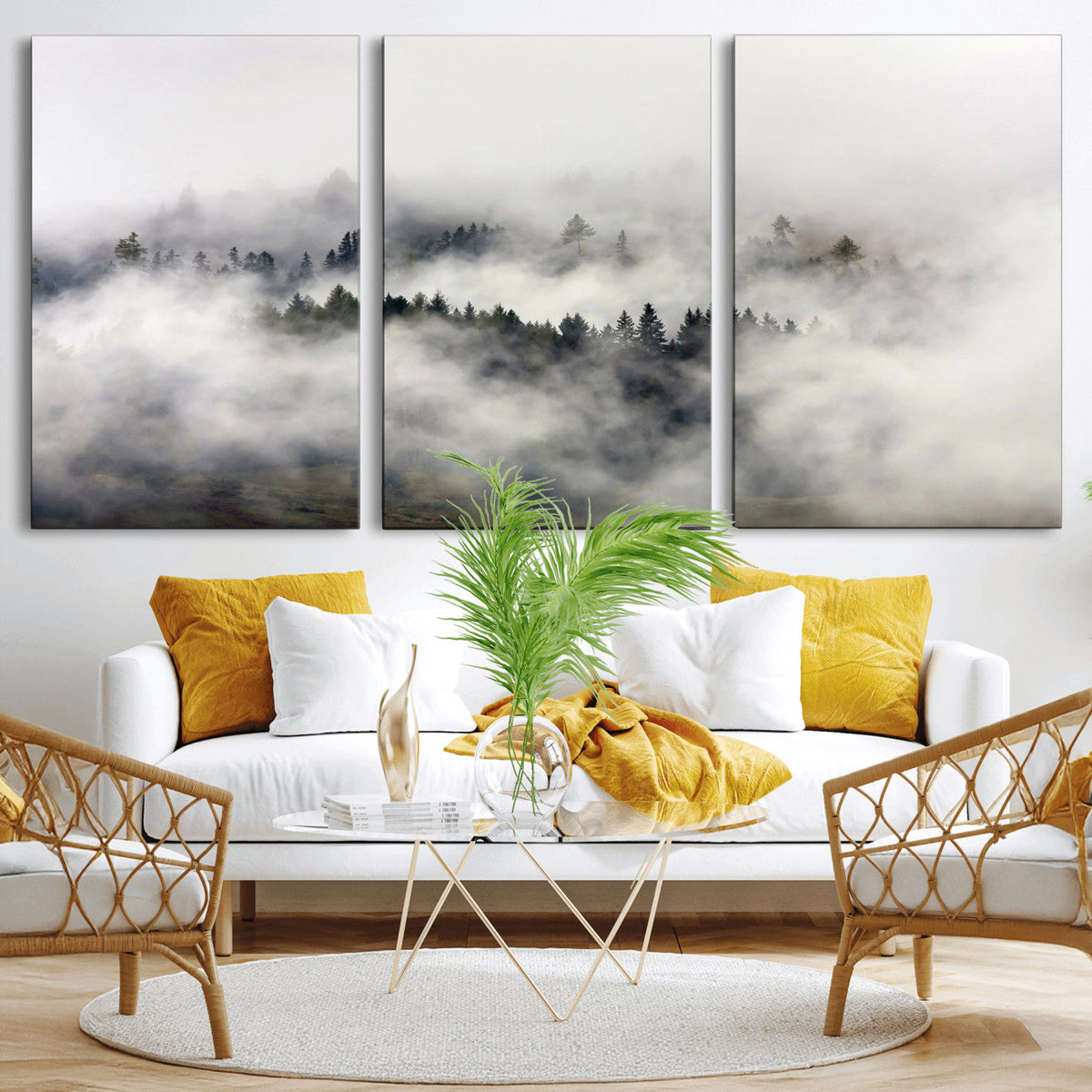 Foggy Forest Wall Art Canvas Print, Misty Pine Tree