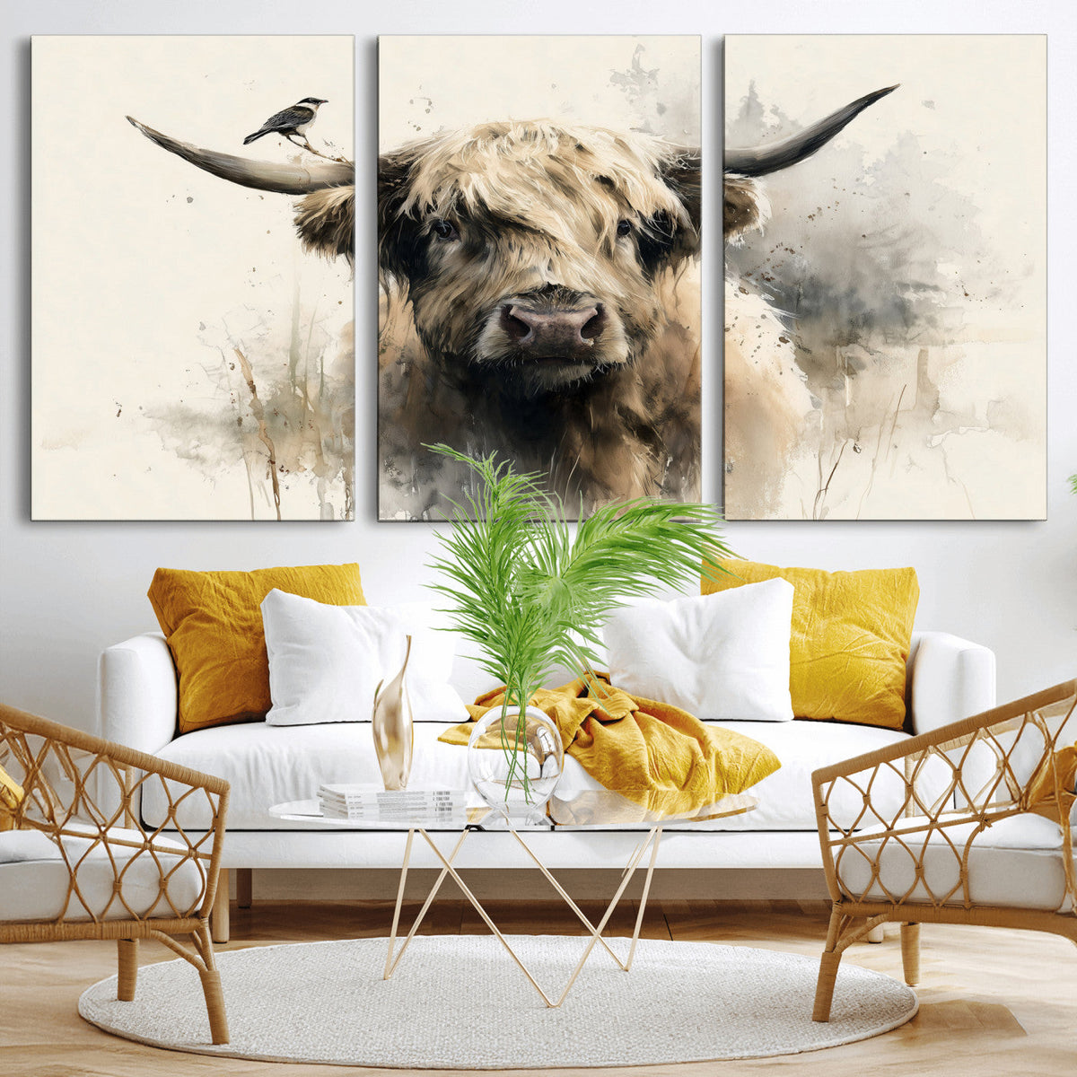 Abstract Highland Cow Wall Art Canvas Print, Rustic Farm